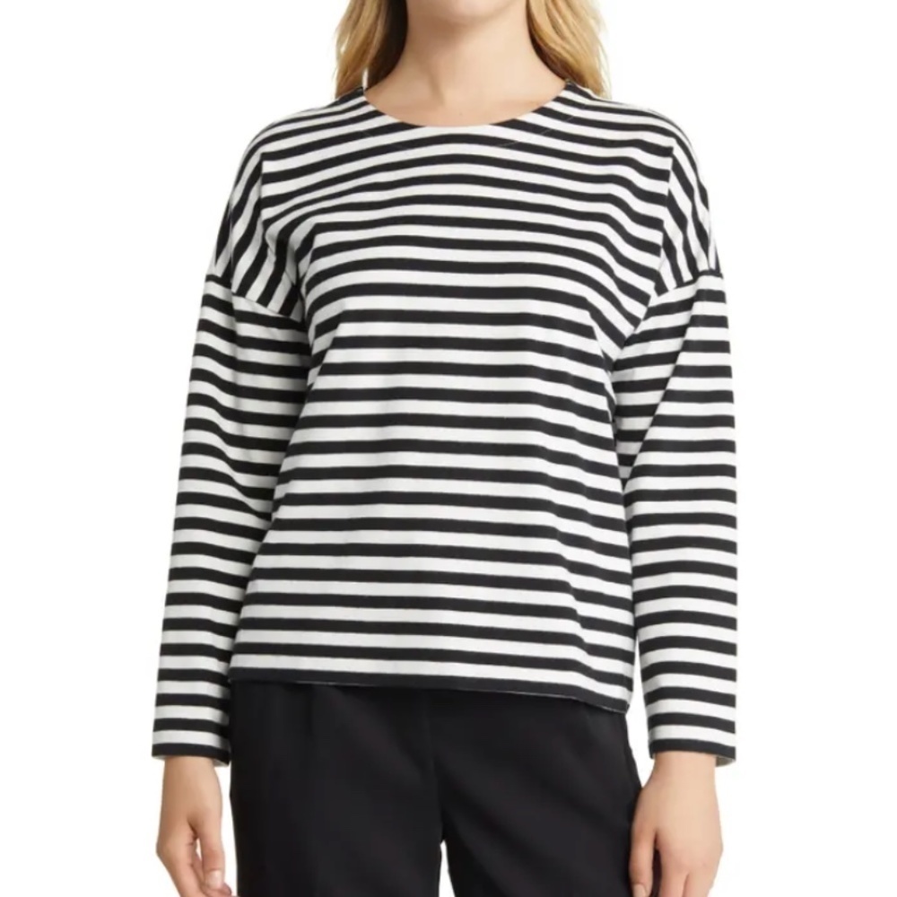 Nordstrom Stripe Long Sleeve Stretch Cotton T-shirt In Black-Ivory Cloud Stripe